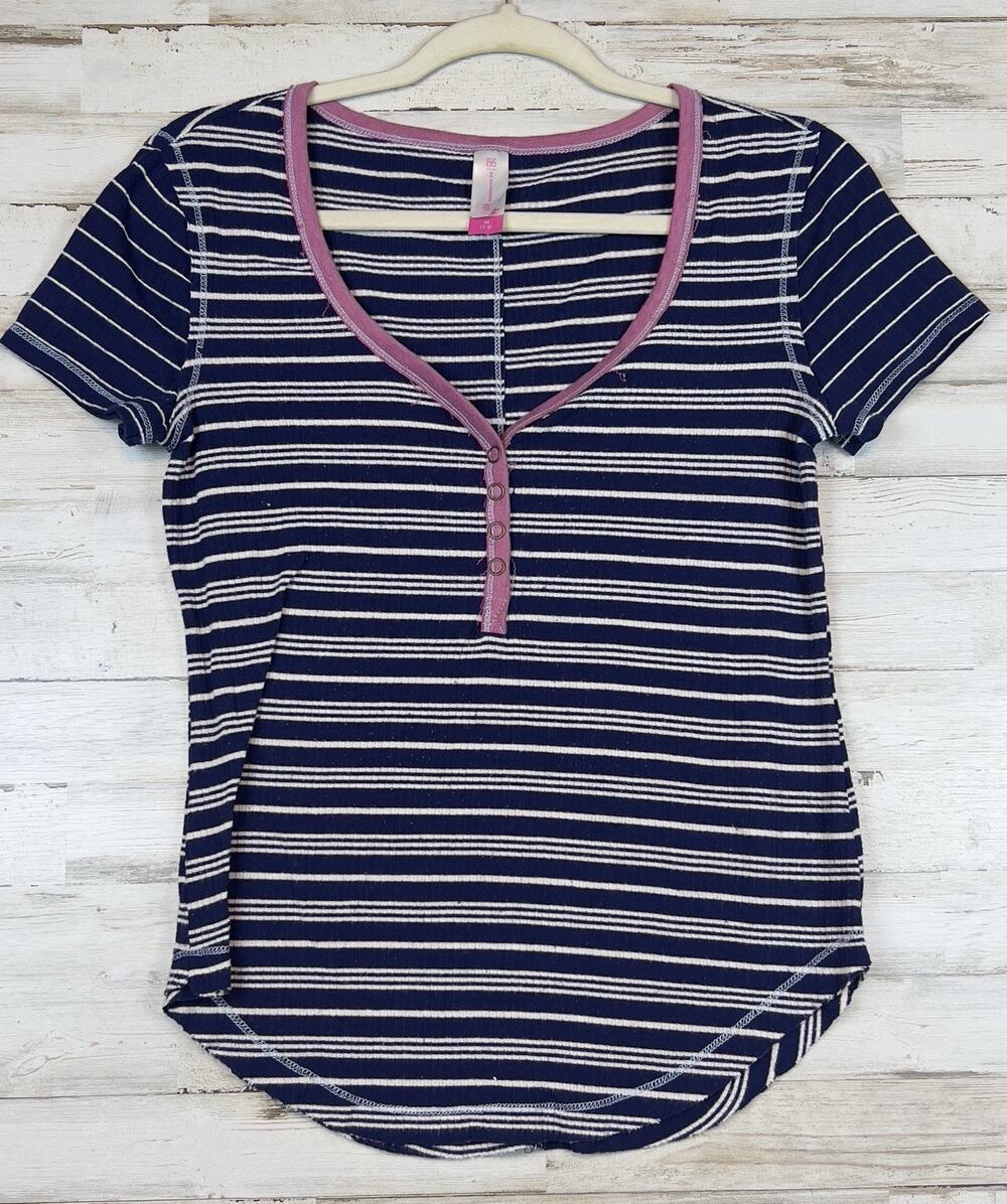 No Boundaries Juniors Striped Short Sleeve Ribbed Knit Top Size Med Pink Blue